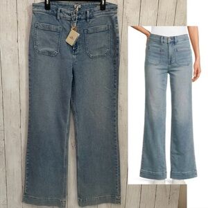 Faherty Stretch Terry High Rise Wide Leg Front Patch Pocket Jeans 32 Indigo Dyed